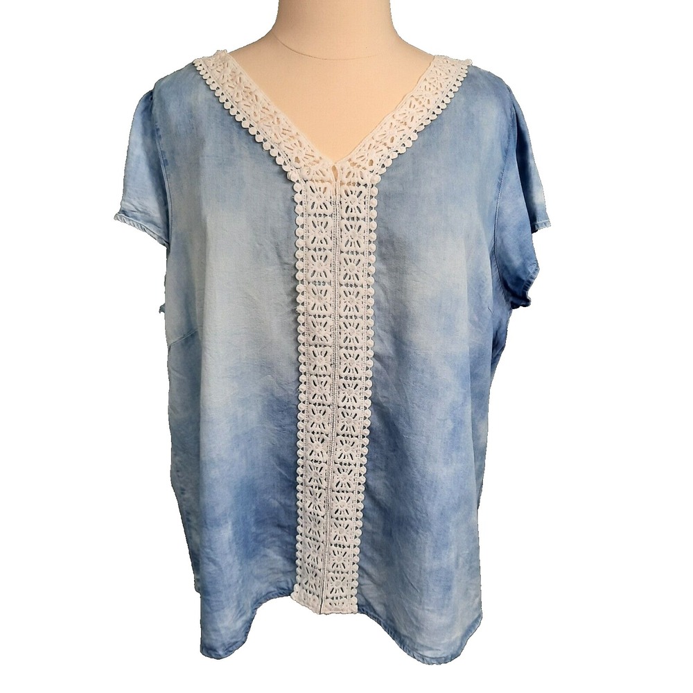 Chambray Top Womens 2X Crochet‎ Lace Tie Back Tencel Boho Coastal Beach Comfort